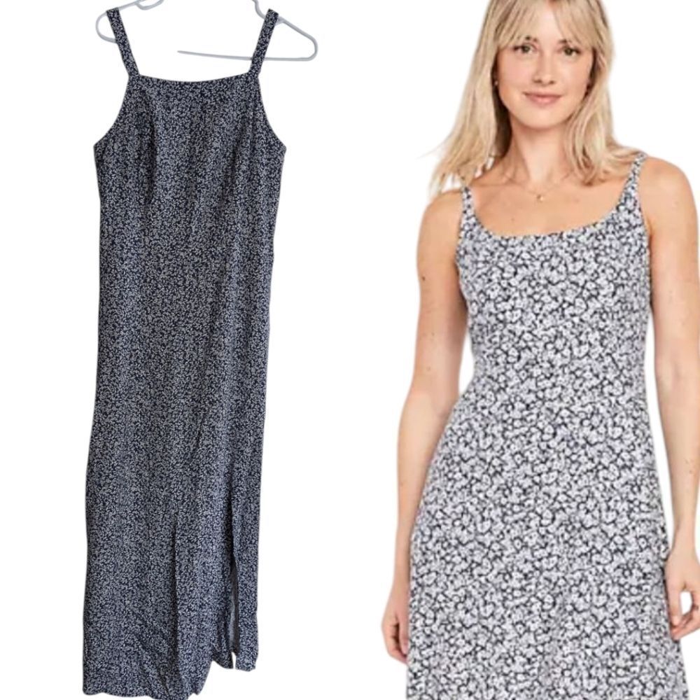 Old Navy Navy White  Floral High Neck Midi SunDress W Slit Medium